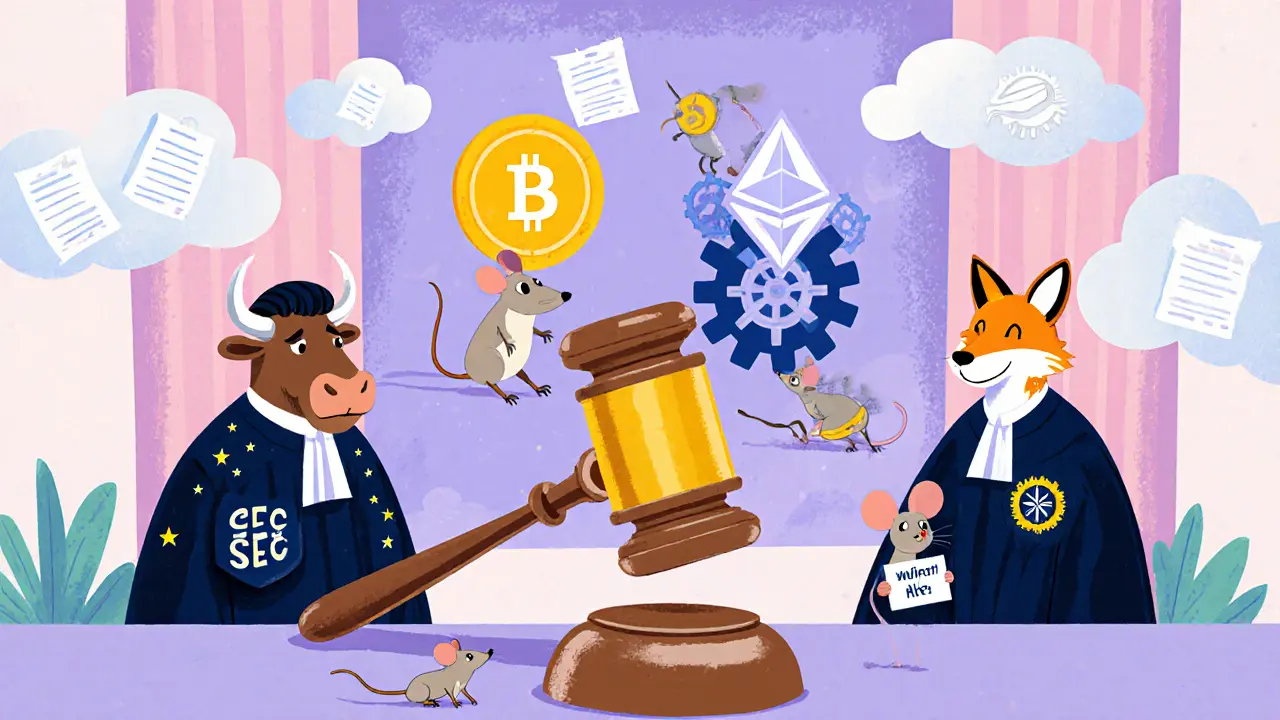 Two judges argue over Bitcoin and Ethereum in a courtroom, with tokens as nervous mice and a giant gavel hovering above.