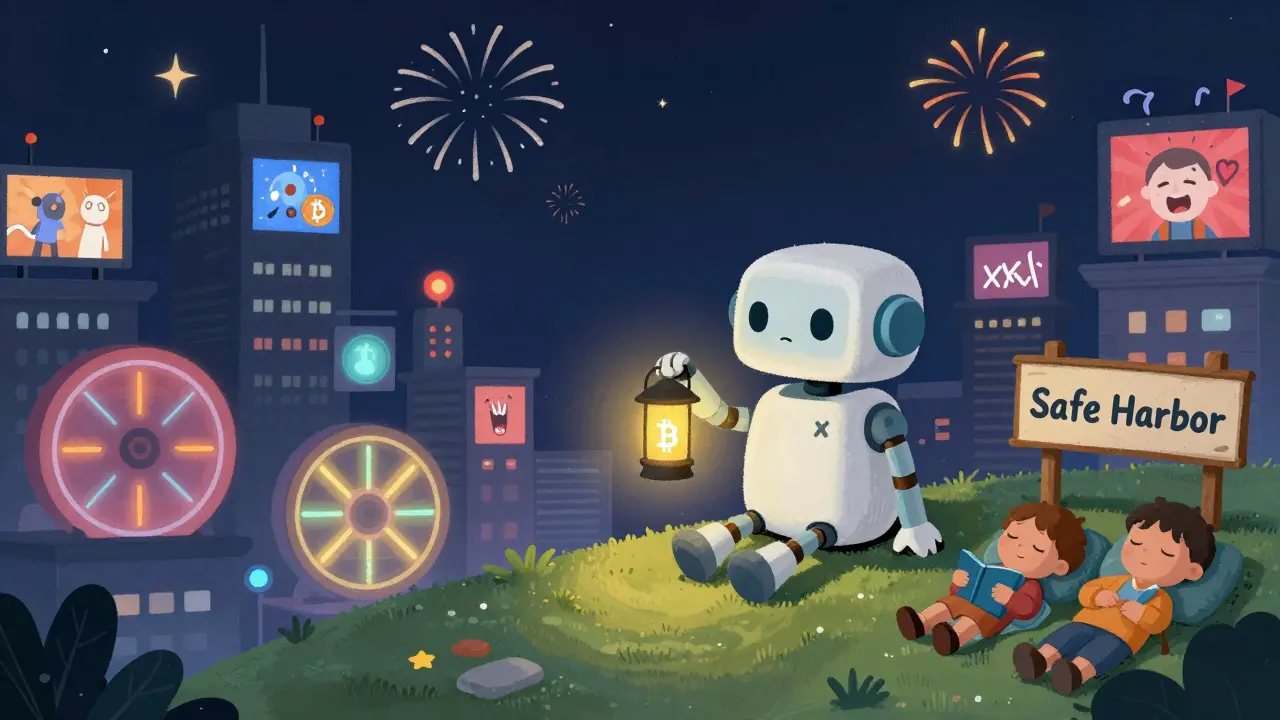 A calm robot with a lantern stands peacefully beside a chaotic crypto city, offering quiet safety under the stars.