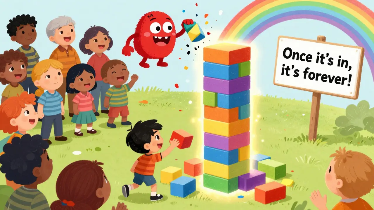 A child adding a block to a glowing tower while a tamper monster breaks apart into confetti.