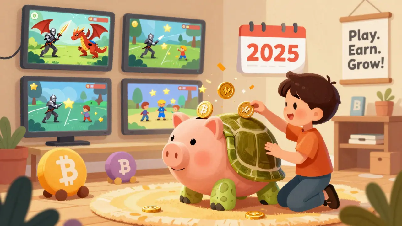 A child deposits XWG tokens into a turtle-shaped piggy bank while animated games play on screens in the background.