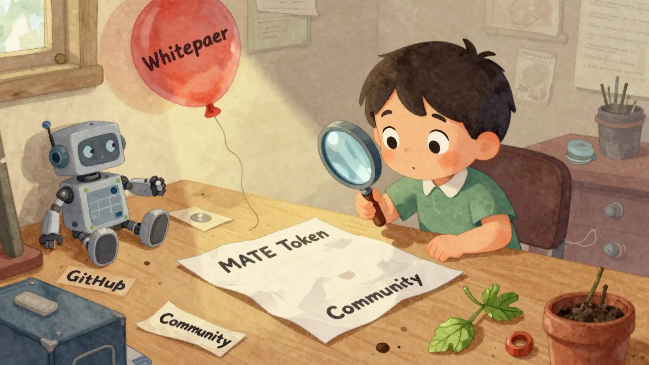 A child examines a faded MATE token paper on a desk surrounded by discarded project relics.