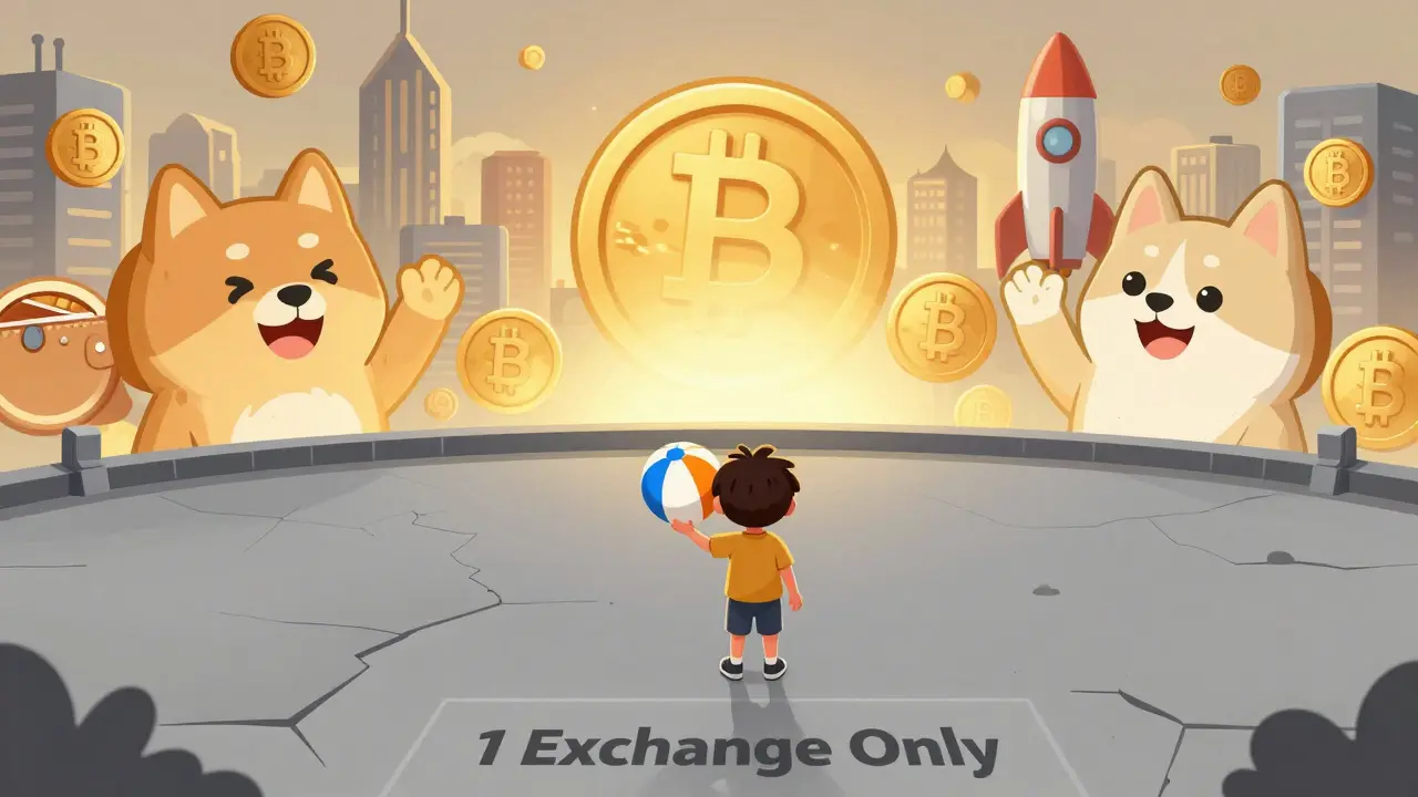 A child holds a giant KING token while other popular coins shine in a distant crypto city.