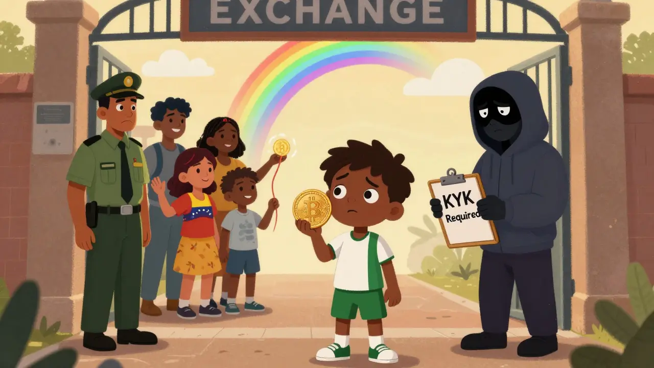 A child in Nigeria holds a Bitcoin coin at a guarded exchange gate, while a family in Venezuela receives crypto through a rainbow wire.