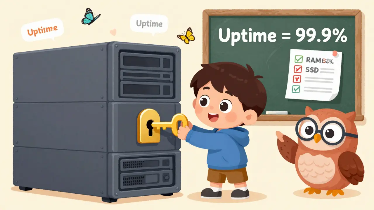 A child places a key into a server-shaped lock while an owl points to a chalkboard about uptime.