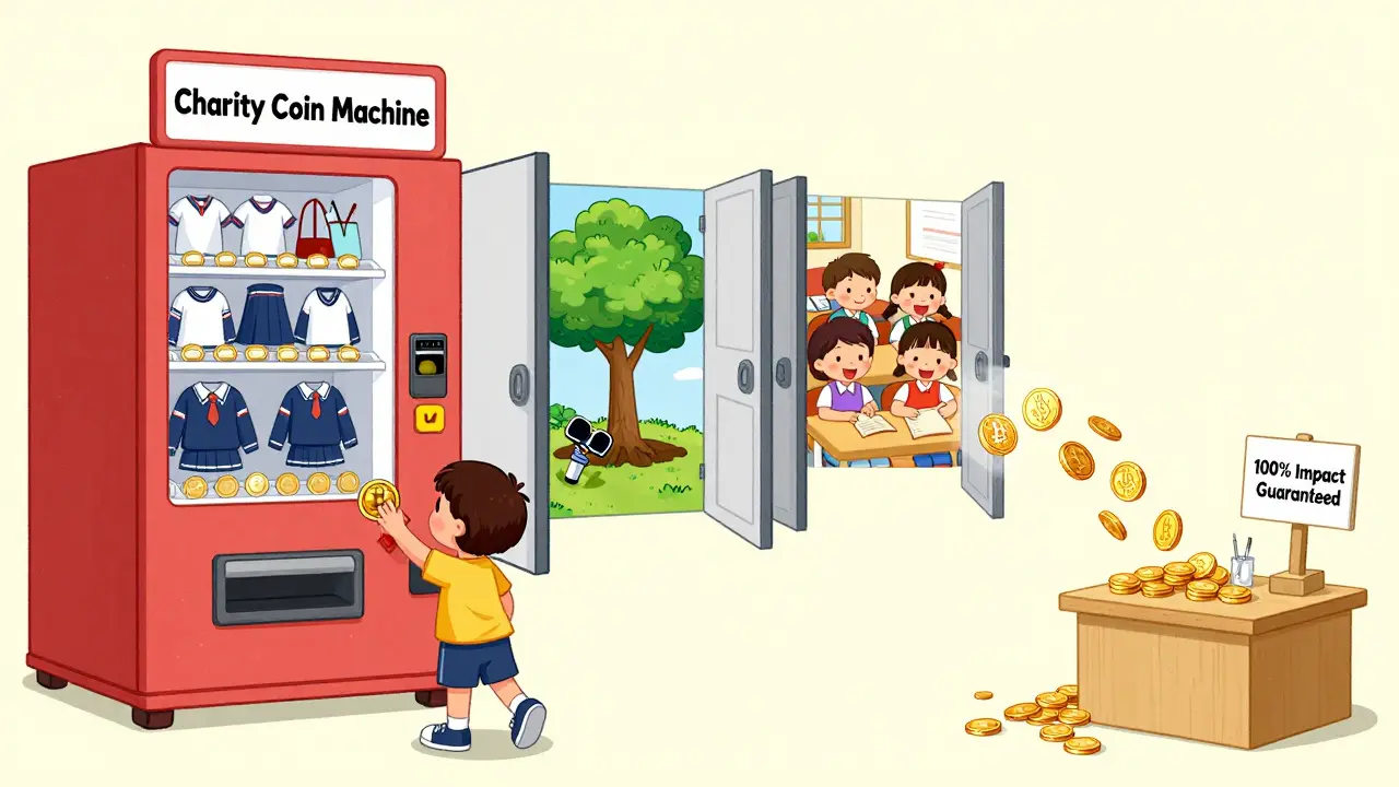 A child puts a crypto coin into a charity vending machine that releases school uniforms, trees, and smiling children as golden coins flow to a nonprofit.