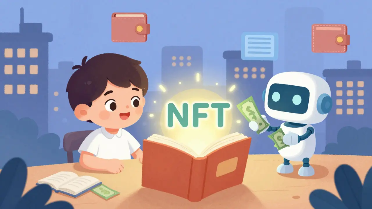 A child reads a book that turns into an NFT, with a robot giving out money as pages turn.