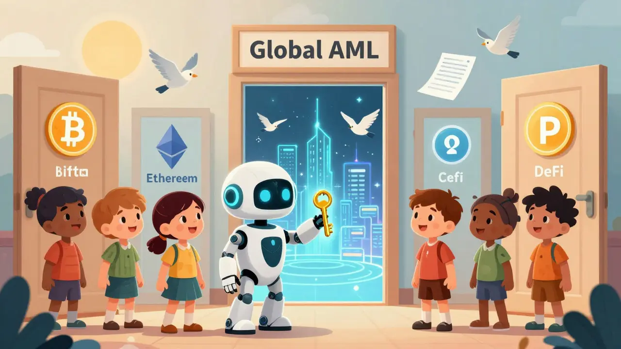 A child robot gives a golden key to kids before a door labeled 'Global AML,' with blockchain icons behind them under a sunrise.