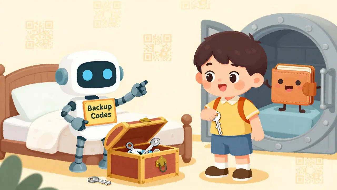 A child stores two hardware keys—one in pocket, one in safe—with backup codes labeled clearly.