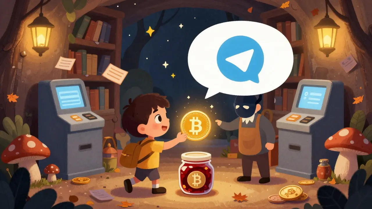 A child trades jam for a digital coin in a hidden underground market with crypto ATMs.