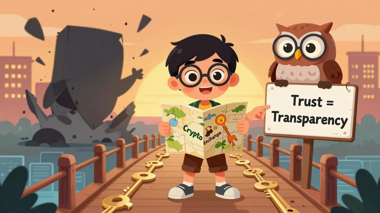 A child walks a bridge of audit trails toward trusted exchanges, as an unregistered exchange crumbles behind.