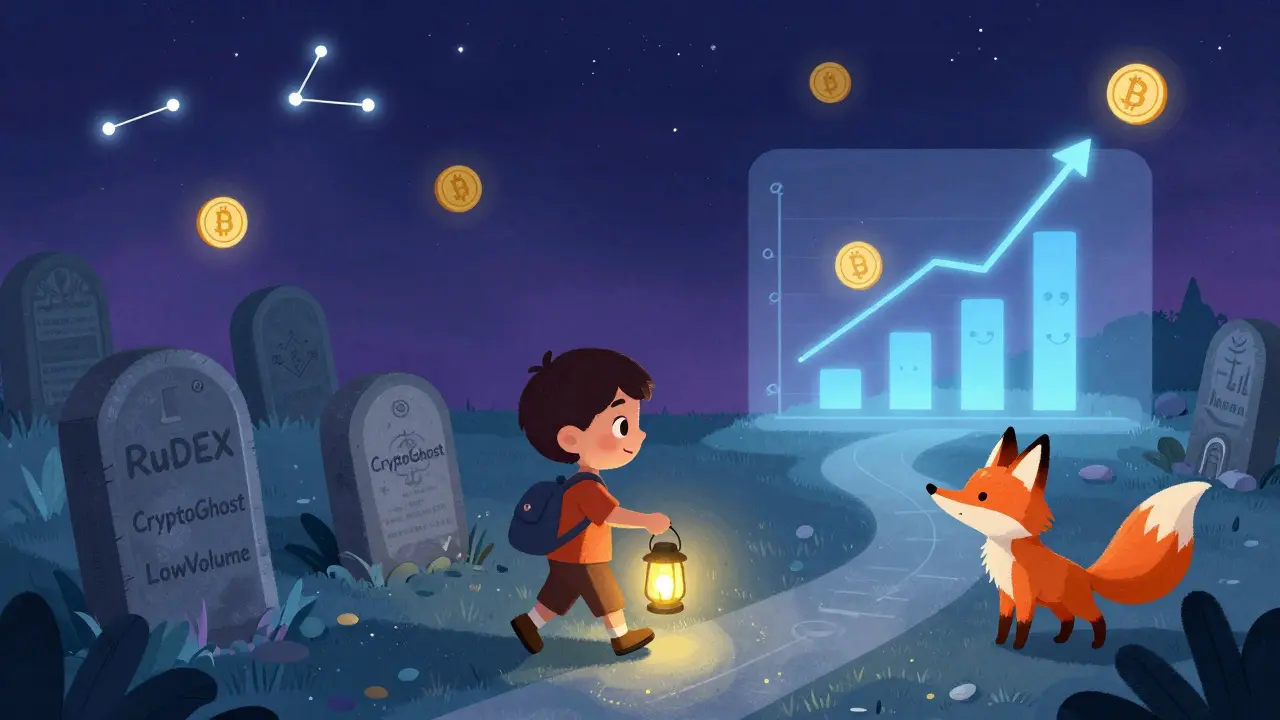A child with a lantern walks past a graveyard of dead crypto exchanges, guided by a fox toward thriving platforms.