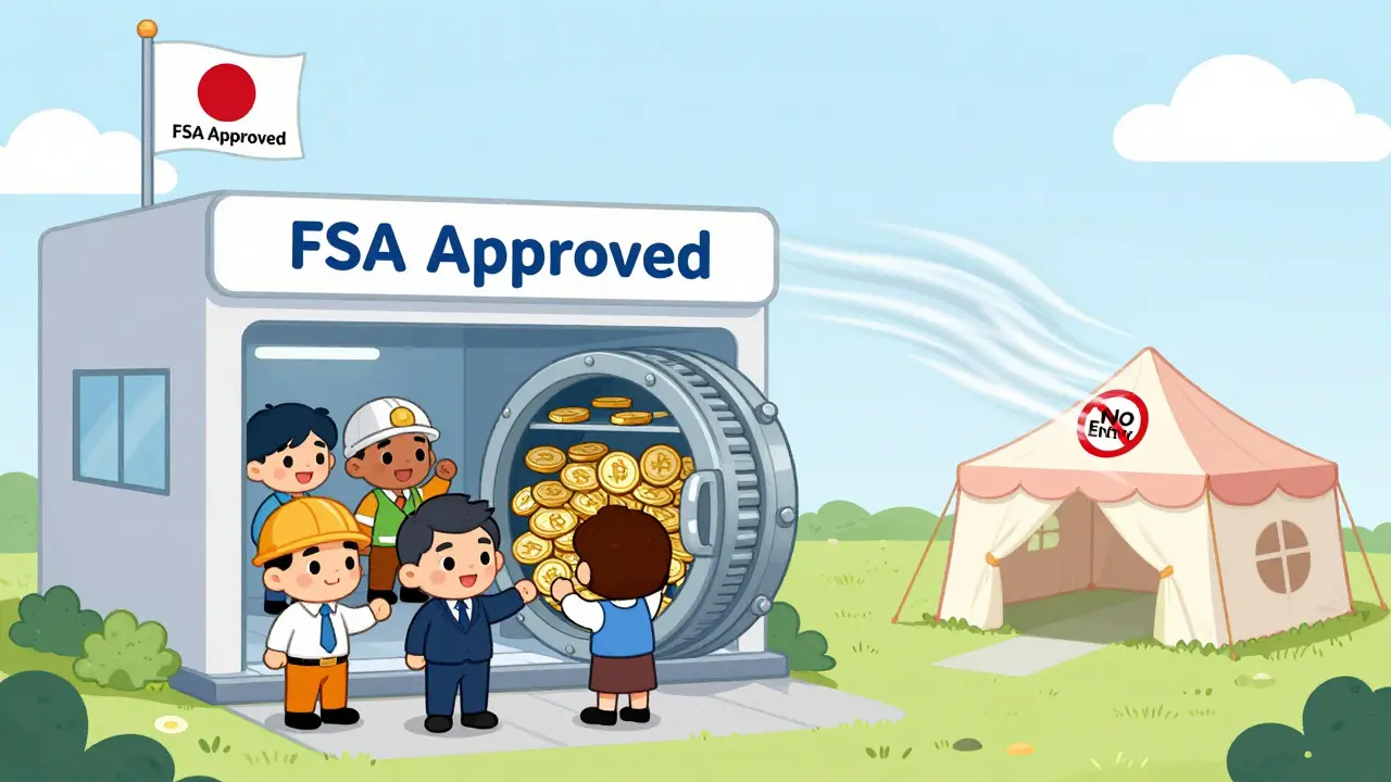 A compliant exchange building with staff securing crypto in a cold wallet, while a foreign tent blows away.