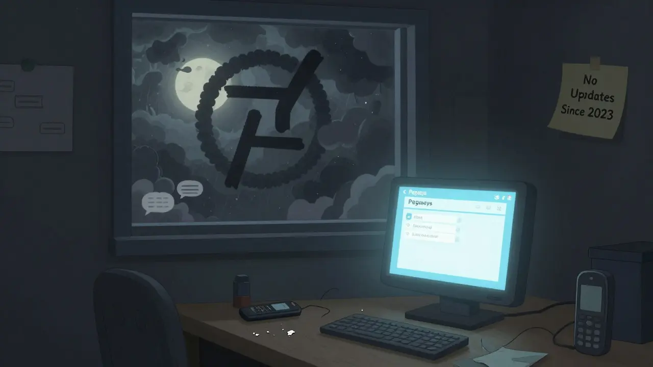 A dark room with a glowing Pegasys screen, surrounded by forgotten tech and storm clouds.