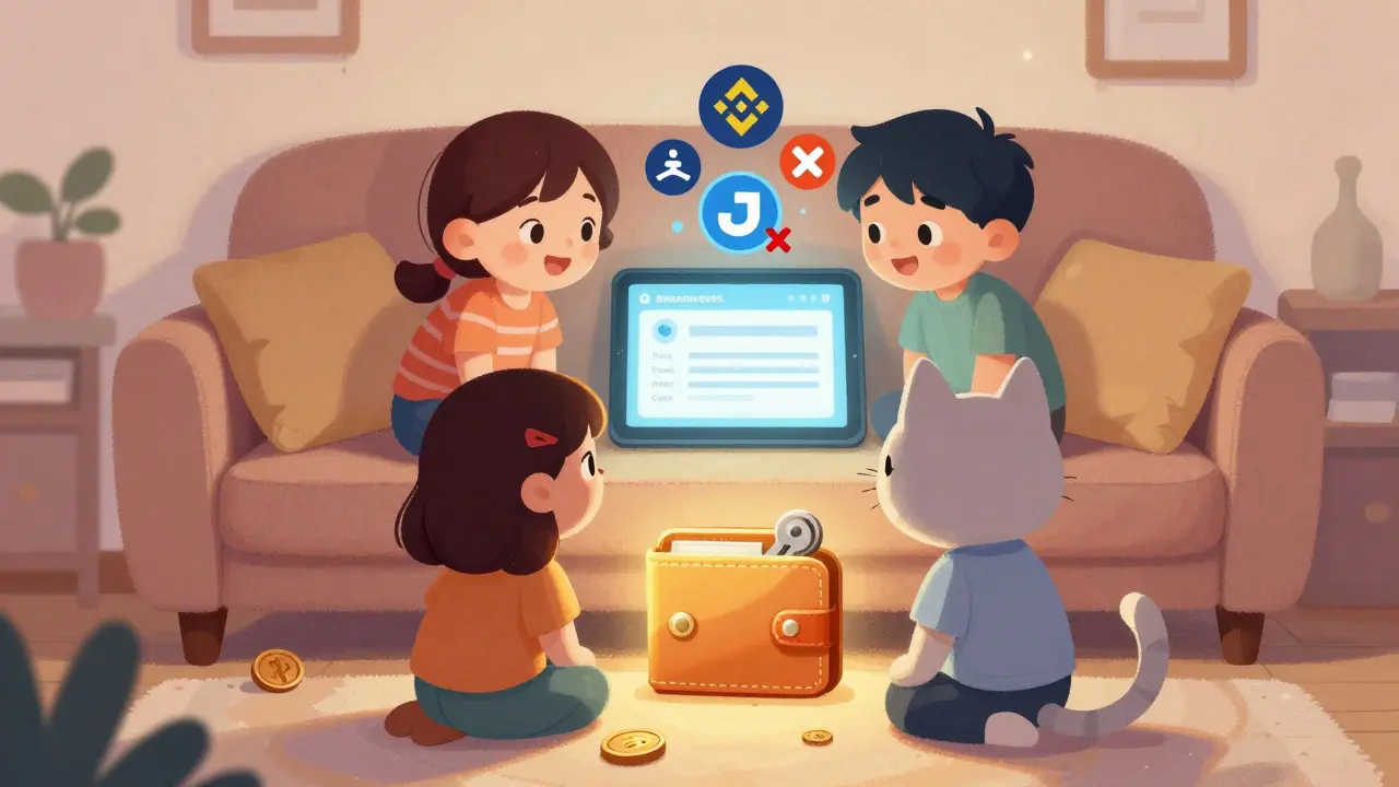 A family stares at a frozen crypto account screen, with a wallet hidden under the couch.