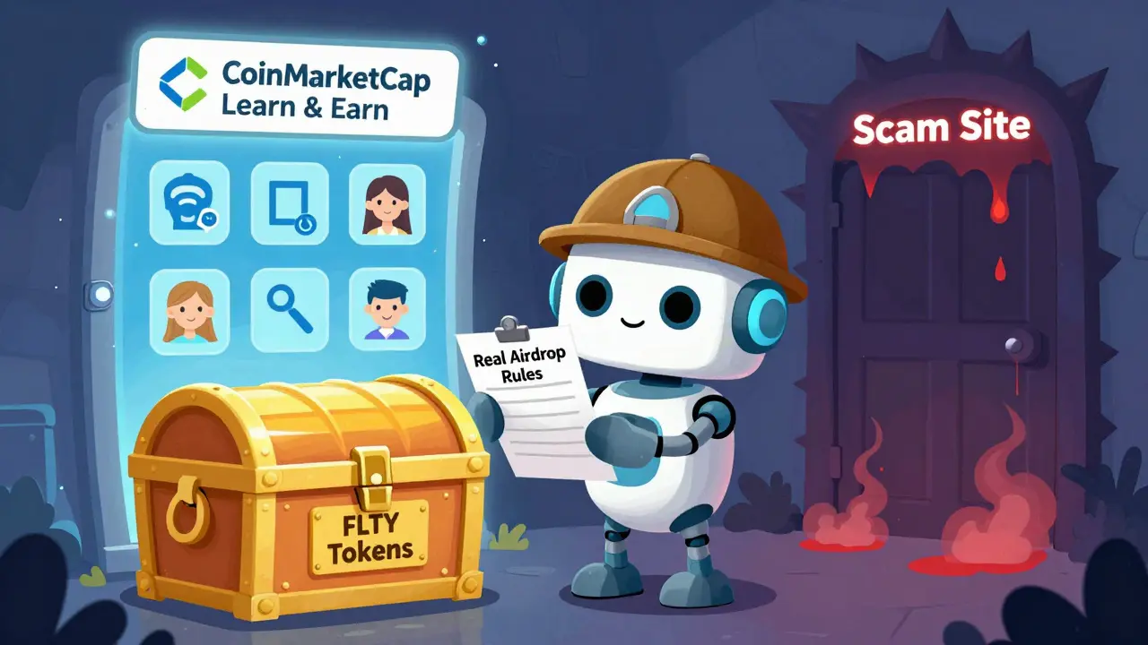 A friendly robot checks a list beside a locked FLTY chest, with a safe Learn &amp; Earn portal glowing behind.