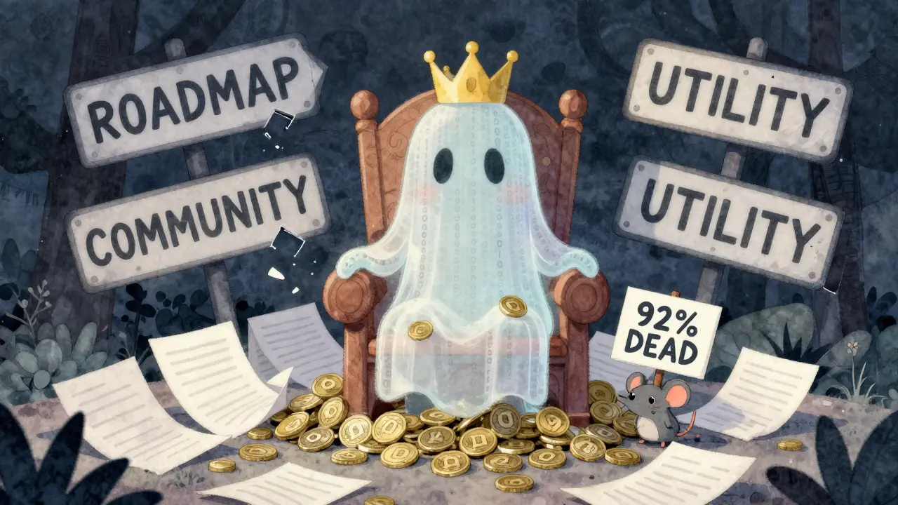 A ghostly king sits on a throne of worthless coins, surrounded by broken signs.