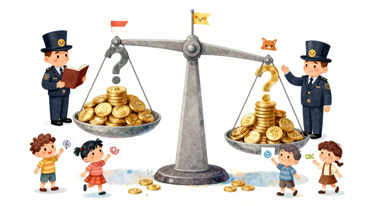 A giant scale balances gold coins against question marks, with FATF inspectors and children holding crypto-related drawings.