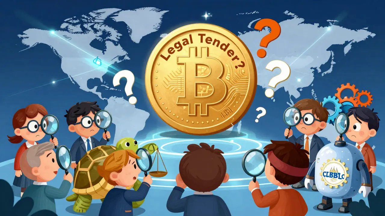 A global crowd examines a giant Bitcoin coin with question marks, while IMF and CBDC figures watch nearby.