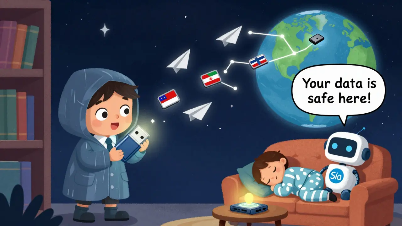 A journalist hides data as encrypted pieces fly to global storage drives under a starry night sky.