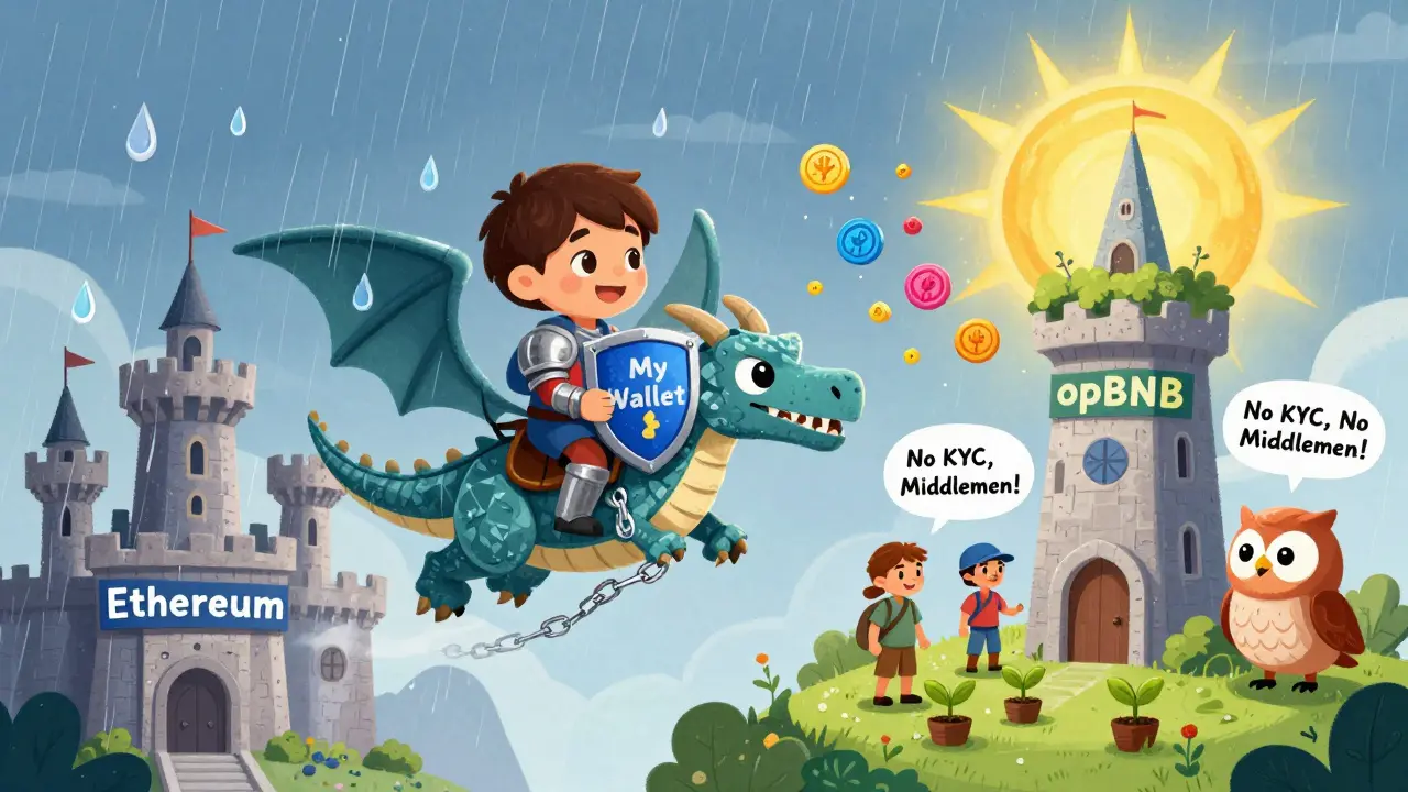 A knight on a blockchain dragon flies from slow Ethereum to fast opBNB with joyful tokens.