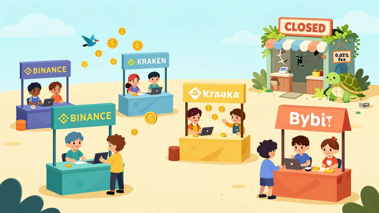 A lively crypto marketplace with active exchanges, while RuDEX is a crumbling, vine-covered booth in the background.