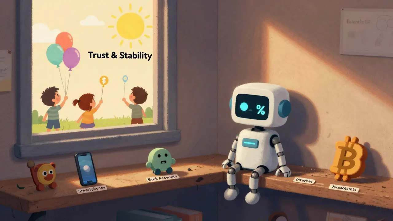 A lonely Bitcoin robot sits unused on a shelf as children play with stable digital balloons outside.