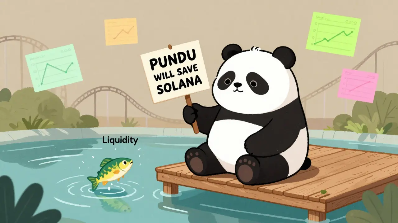 A lonely panda sits by an empty pond labeled &#039;Liquidity&#039; with a jumping fish.