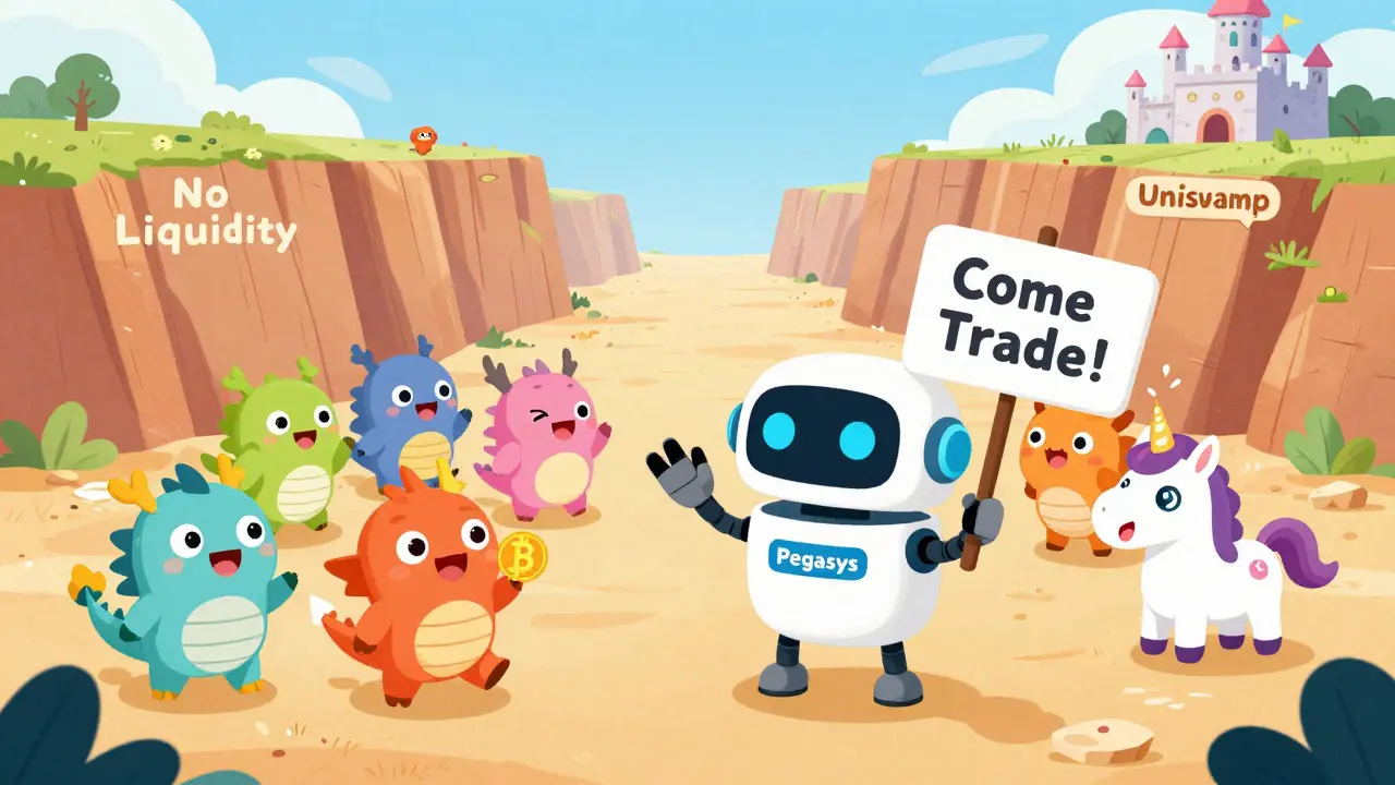 A robot invites crypto creatures to trade, but they fly away to a busier exchange.