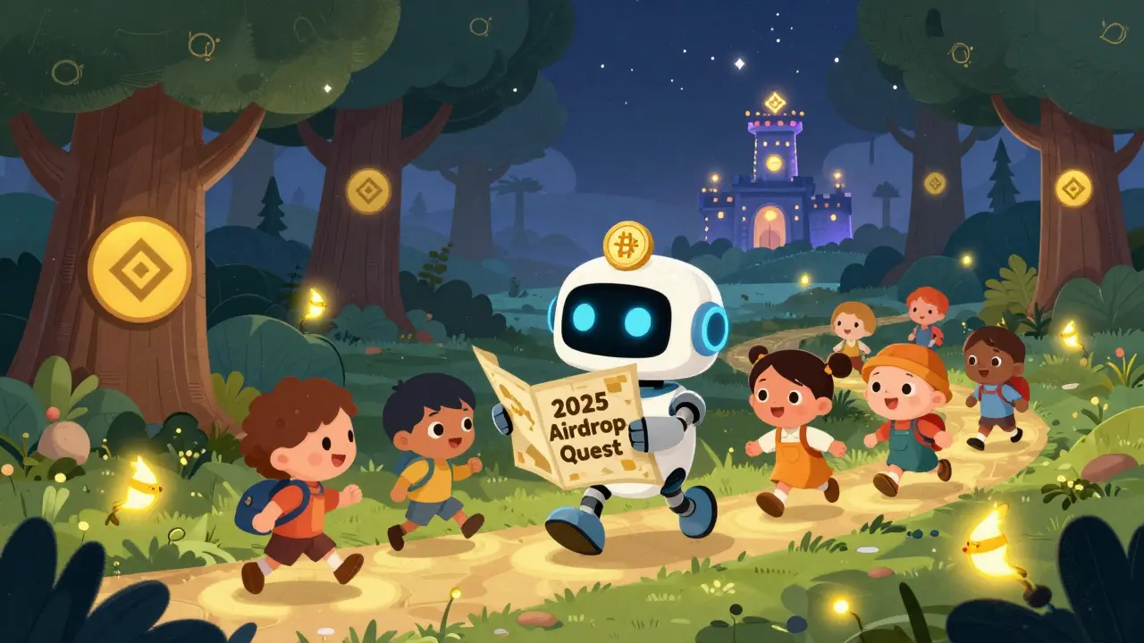 A robot with a token head guides children through a forest of blockchain trees on a quest for a 2025 airdrop.