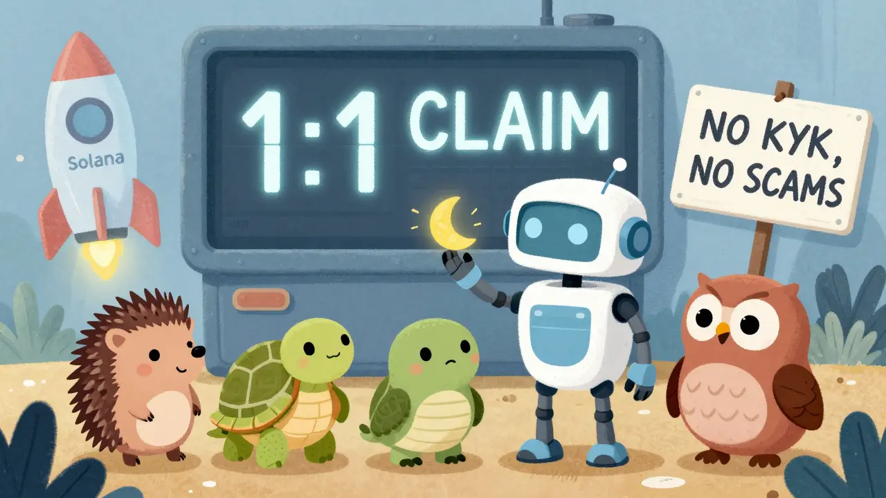 A robot with a wallet head gives new moon tokens to animals in front of a digital ledger, with a Solana rocket in the background.