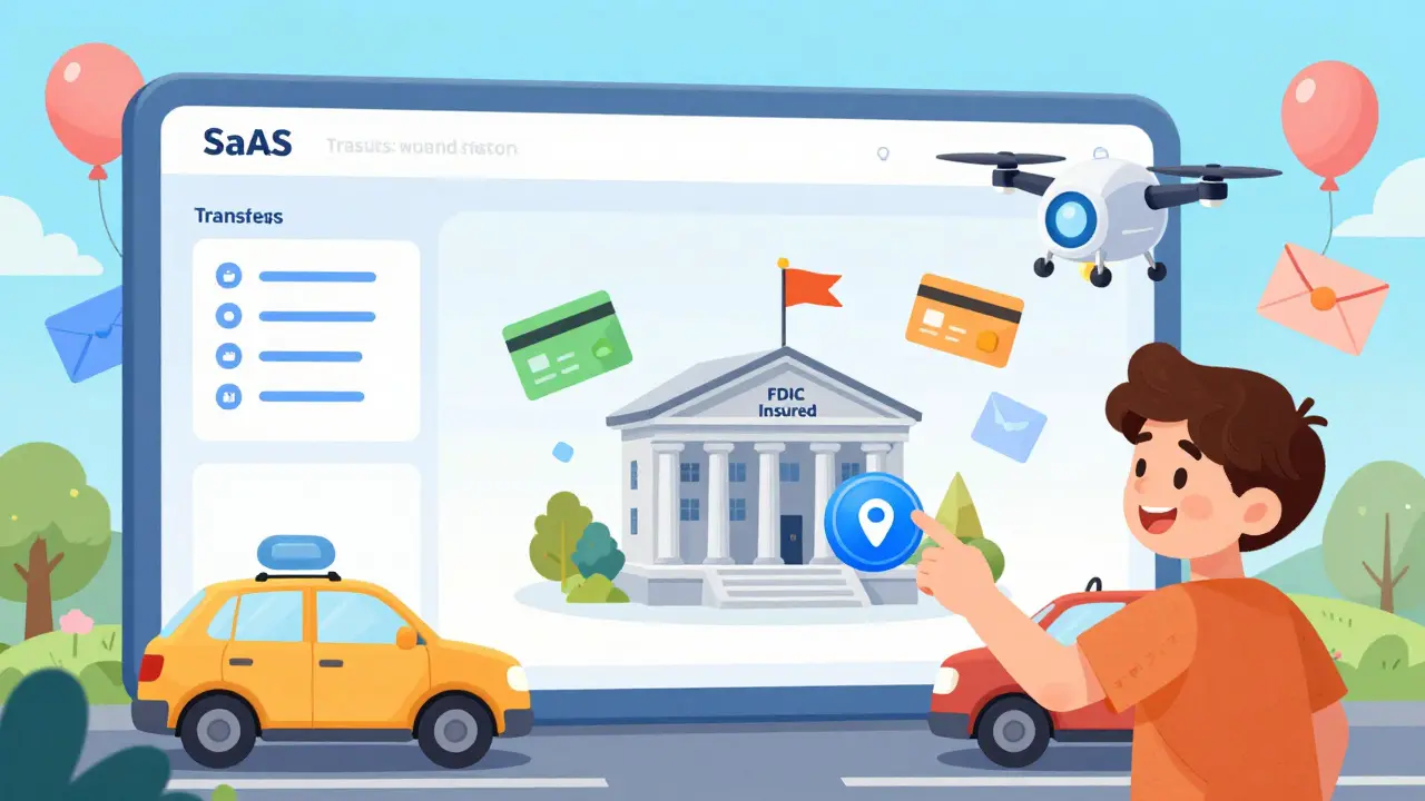 A SaaS dashboard turning a click into a bank building, with drivers receiving payout envelopes from a drone.