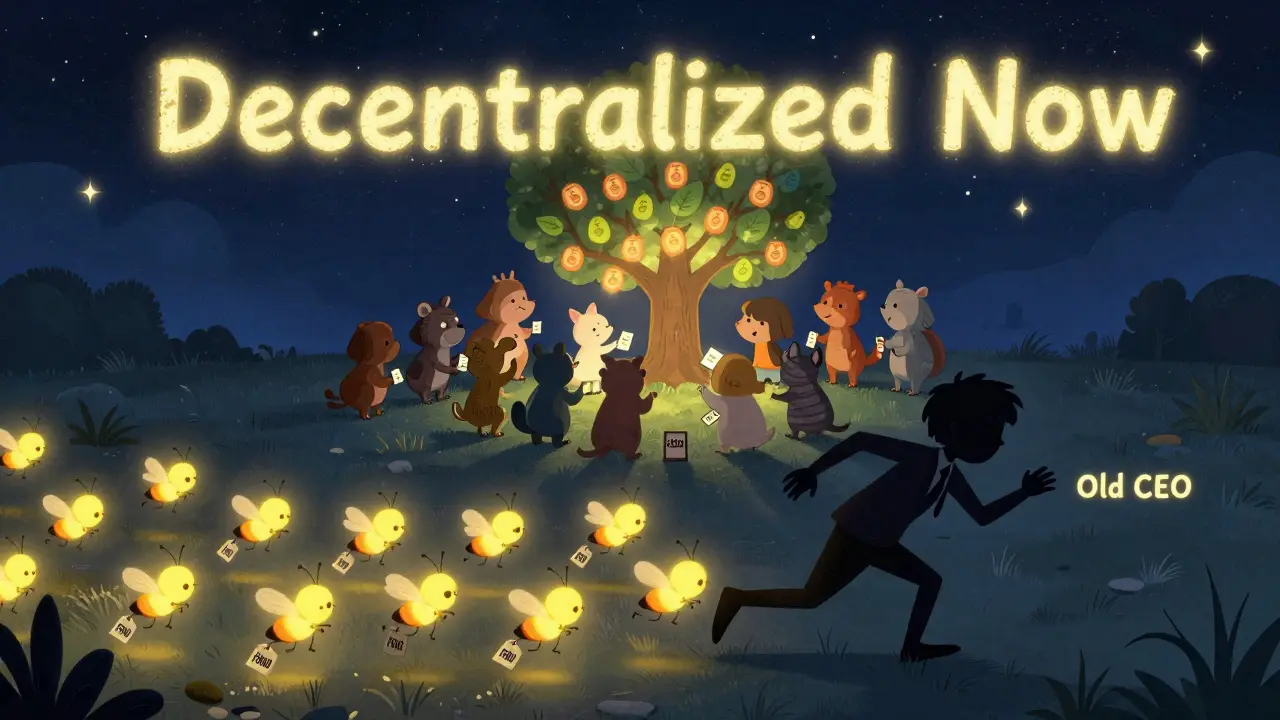 A shadowy figure runs from fireflies labeled 'FRAUD' while animals gather around a glowing token tree under a starry sky.