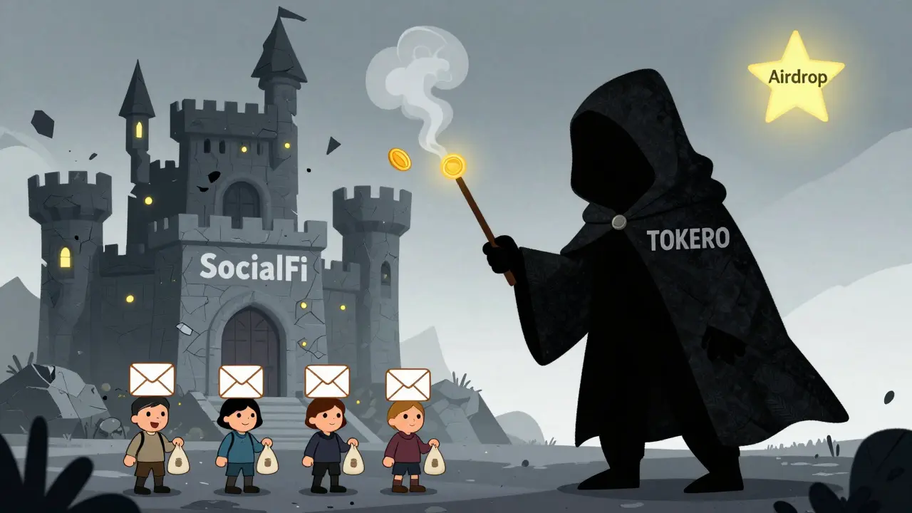 A shadowy figure turning crypto tokens into smoke while users hold empty bags near a dark, empty castle.
