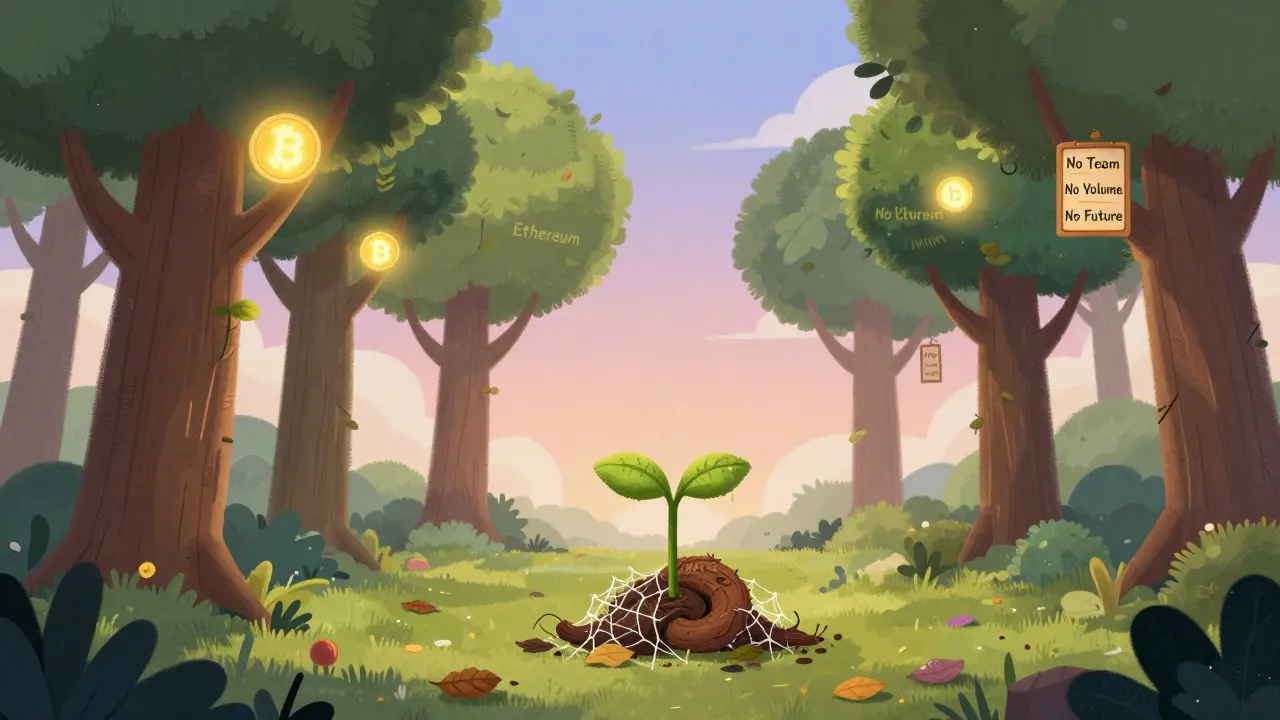 A withered MATE sapling lies dead in a crypto forest while healthy trees grow nearby.