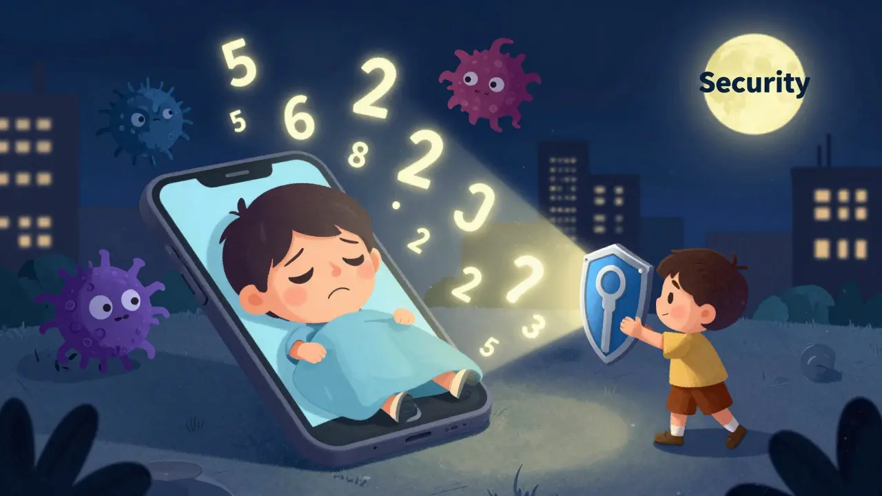 A worried smartphone loses codes to malware monsters, while a hardware key shines like a shield.