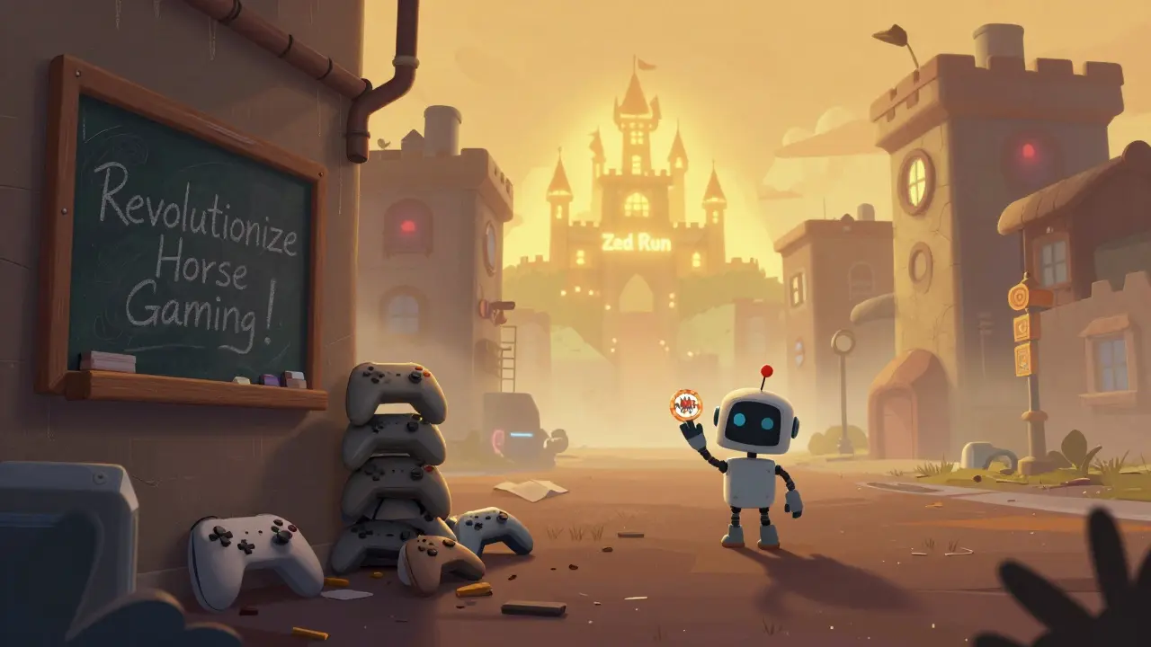 An abandoned digital town with fading promises and a tiny robot walking away from a dead project.