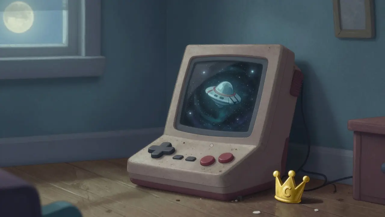 An abandoned game console displays a frozen space scene with a lone CROWN token beside it.