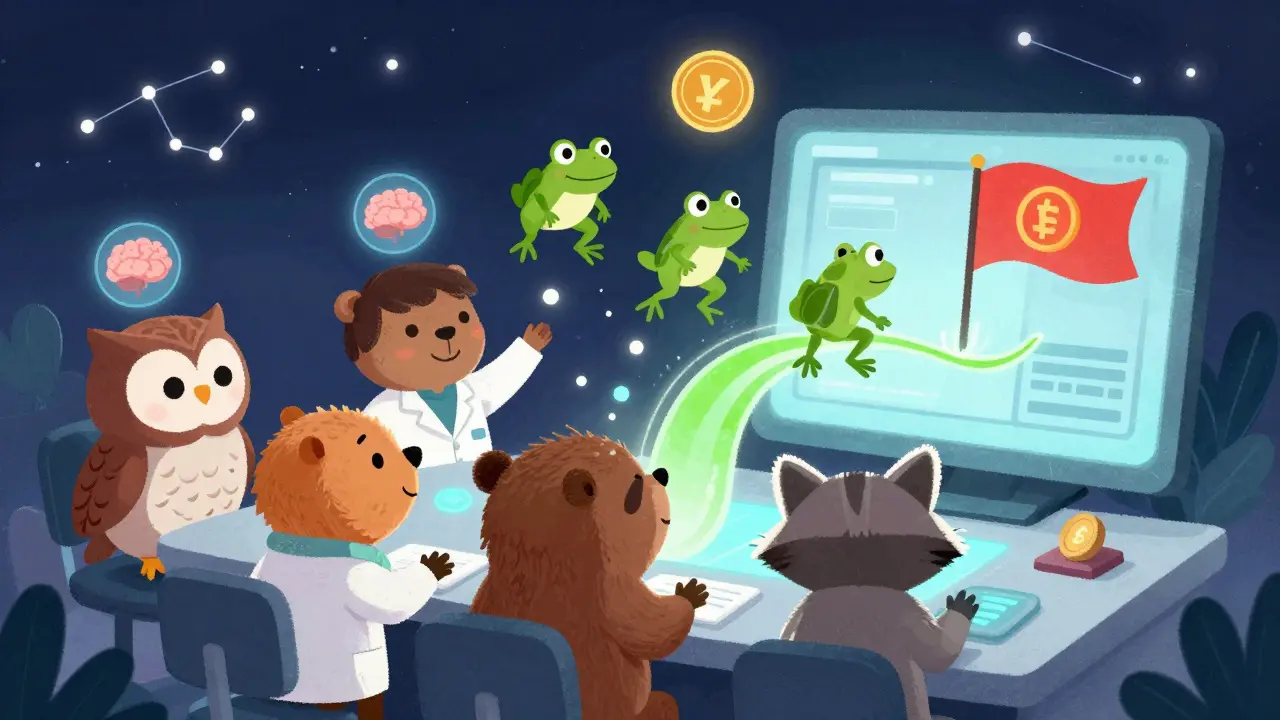 Animal scientists watch crypto flows on a panel, with AI brains and a flagged Monero coin floating above a night sky of wallet constellations.