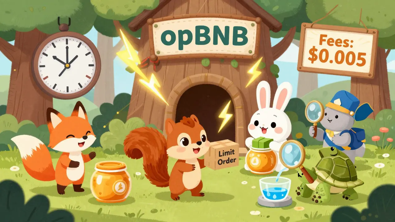 Animal traders exchange tokens at a treehouse on opBNB with fast lightning and low fees.