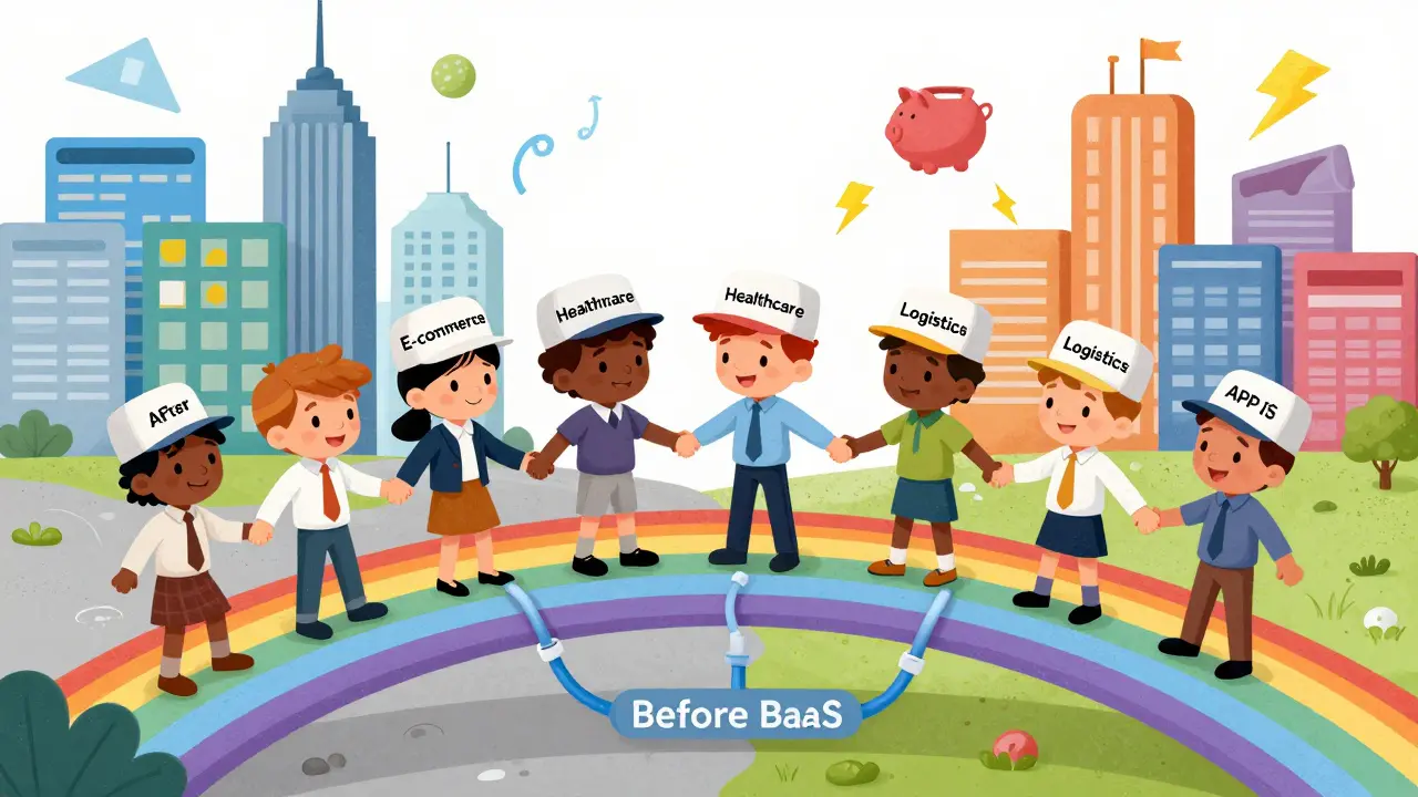 Business owners crossing a rainbow bridge of API cables into a vibrant city shaped like banking icons.