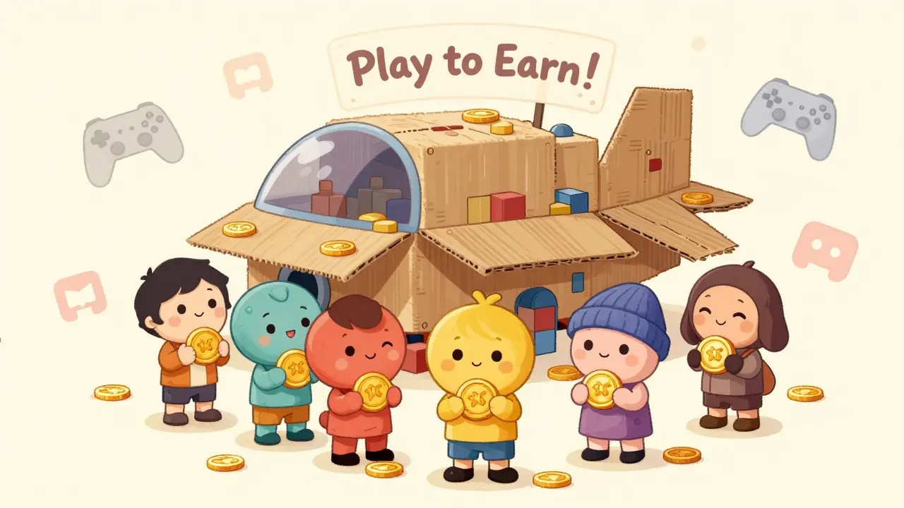 Cartoon characters hold CROWN tokens beside a broken toy spaceship, signs of fading dreams.