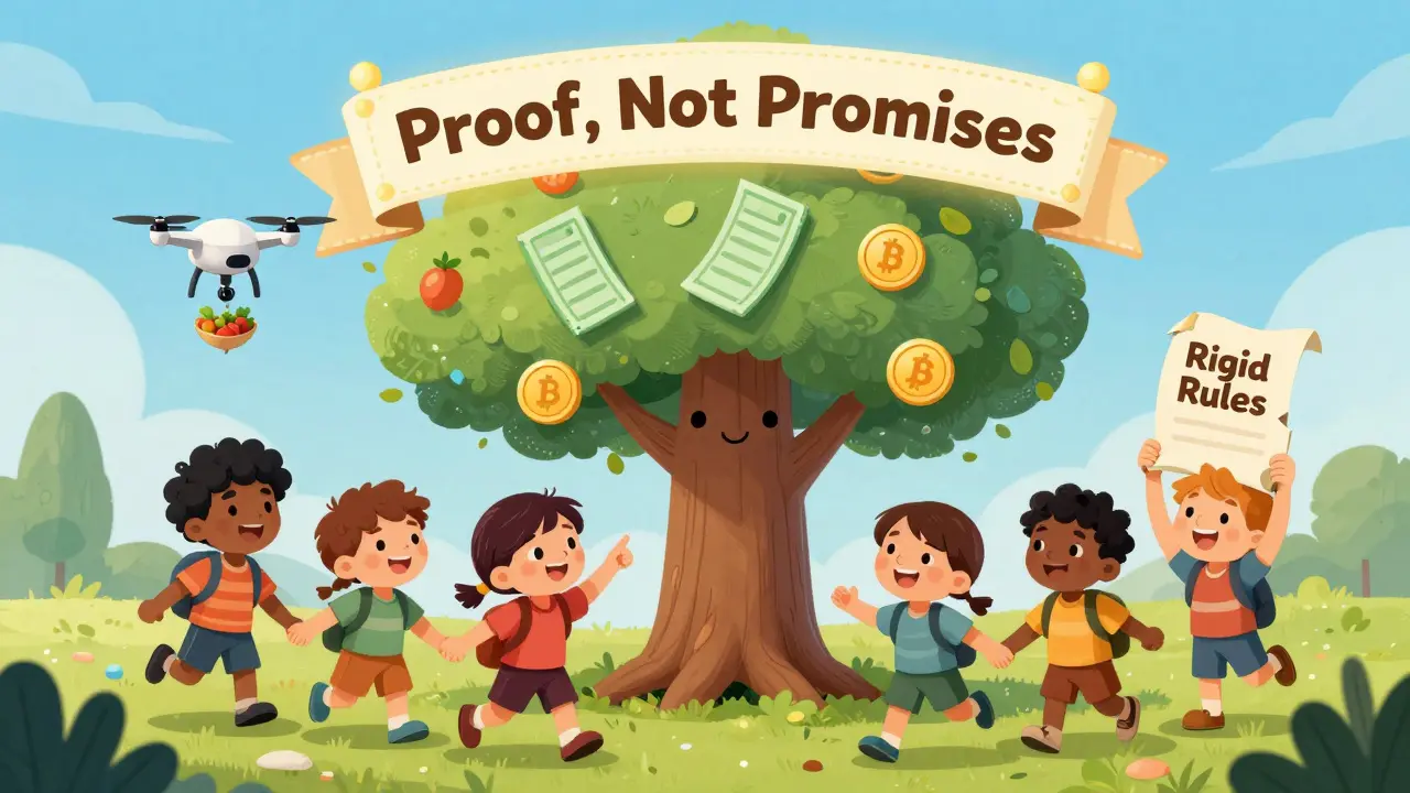 Children gather around a blockchain tree with receipt leaves and coin fruit, watching a drone deliver aid while holding a broken contract scroll.