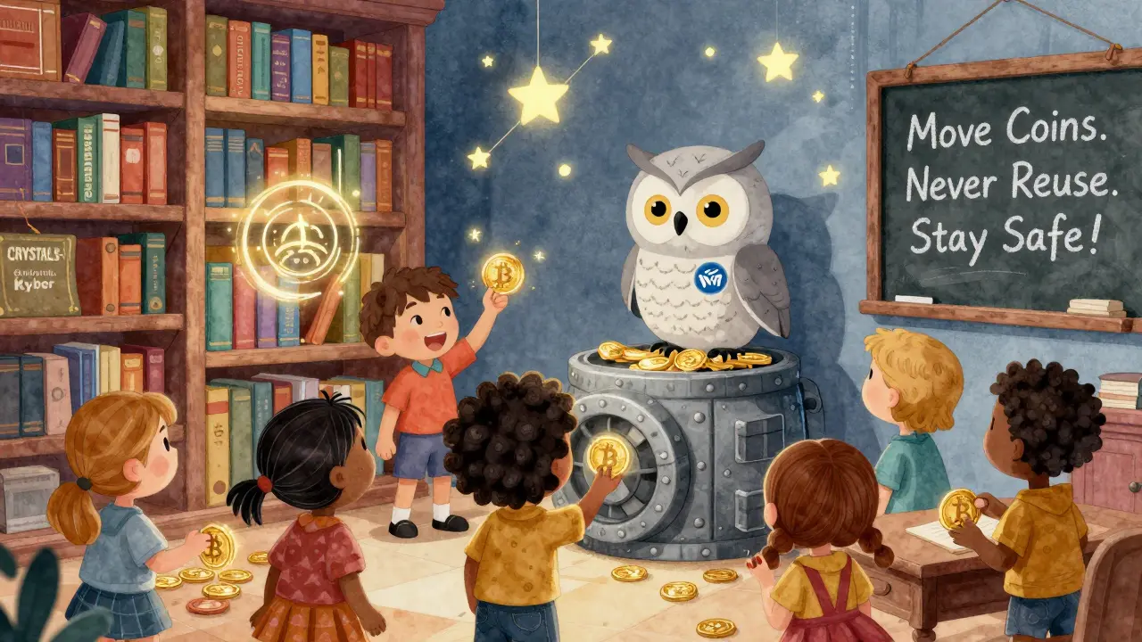 Children placing coins into a vault guarded by an owl in a library of quantum-resistant crypto books with glowing runes.