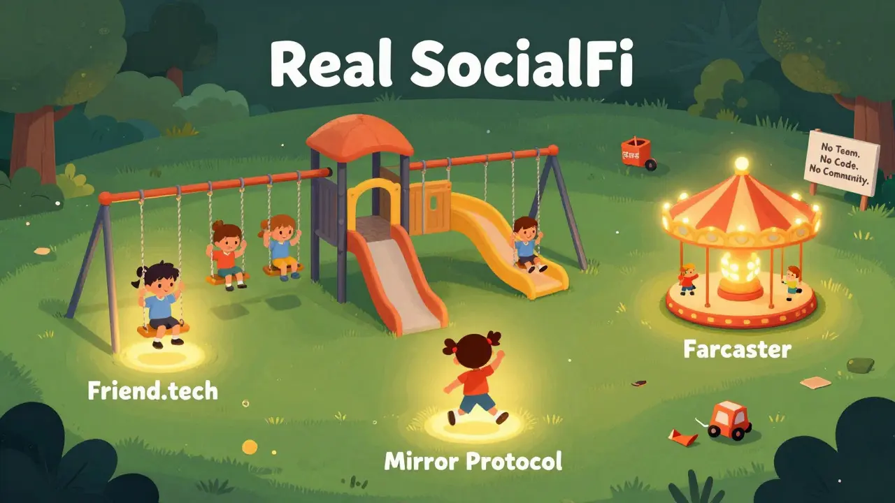 Children playing safely on a vibrant playground labeled with trusted crypto projects, while a broken toy lies abandoned in the corner.