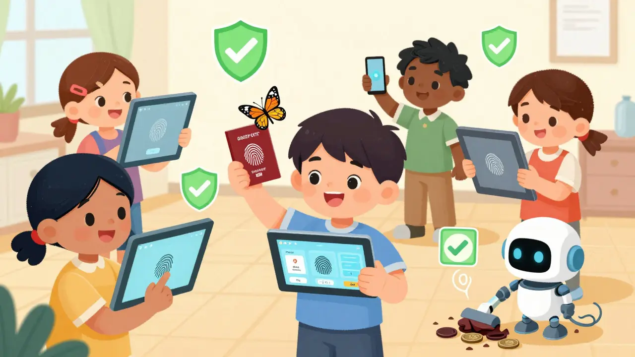 Children using tablets to verify identity with fingerprints and face scans, while a robot cleans suspicious coins.