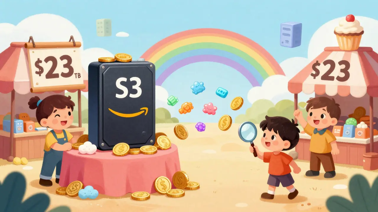 Hosts trade hard drive space for cloud-shaped coins while comparing prices with a giant Amazon box.