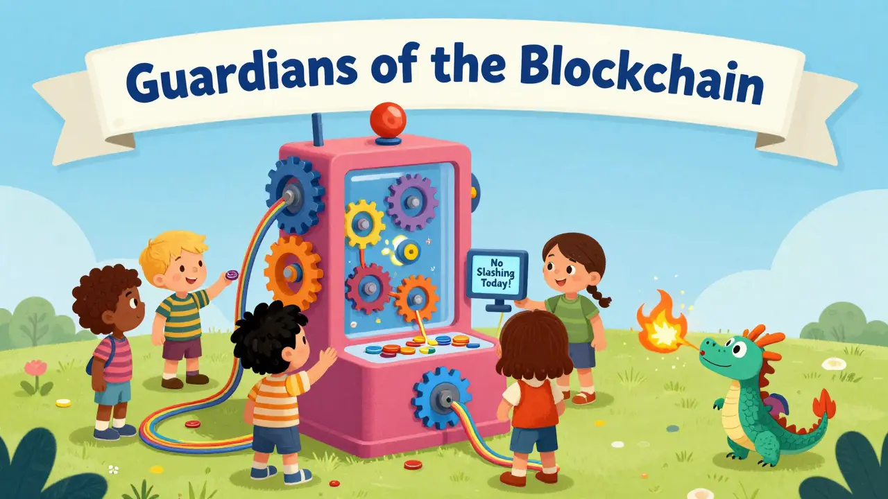 Kids operate a colorful validator machine with gears and rainbow cables, protected by a sparkly dragon.