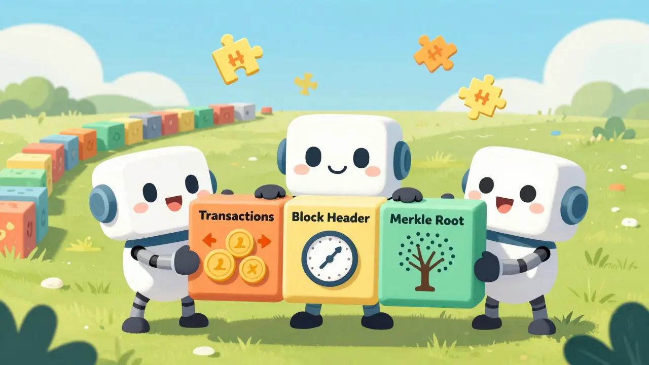 Three robots holding a block labeled with transactions, header, and Merkle root, beside a long chain of blocks.