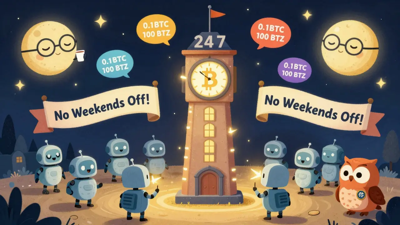 A 24/7 Bitcoin clock tower glows under stars, with floating options contracts and a sleepy moon watching robots trade peacefully.