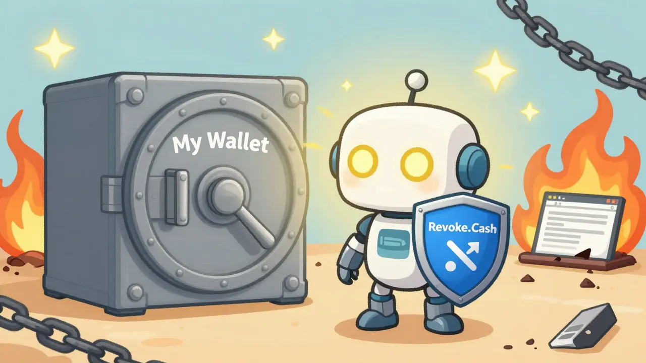 A brave robot protects a wallet from burning scam websites with a revoke.cash shield.